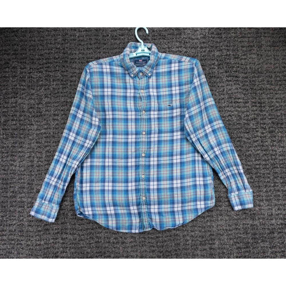 Vineyard Vines Shirt Mens Large Slim Fit Blue Plaid Flannel Tucker Casual Preppy